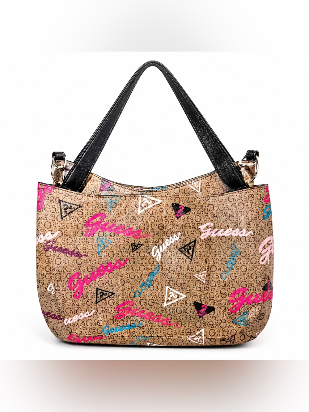 GUESS Y2K Logo Print Mini Tote Shoulder Bag Brown Pink Blue Like New